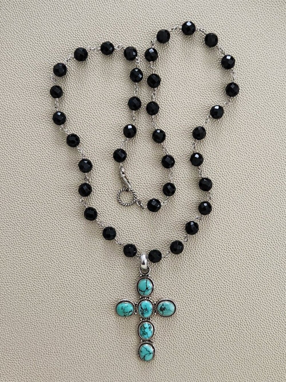 BLACK ONYX NECKLACE WITH TURQUOISE CROSS PENDANT-30"